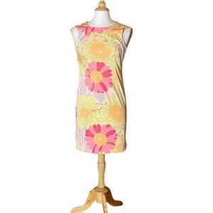 Talbots Cotton Yellow Pink Gray Floral Sleeveless Sheath Dress, Size 2P